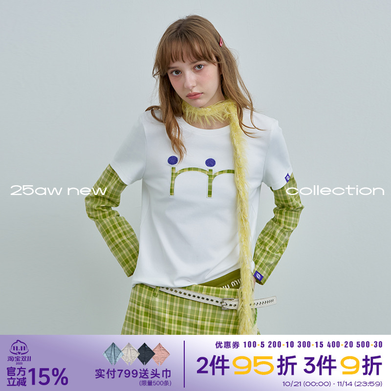 riverstone plus 假两件修身格纹刺绣拼接长袖t恤女秋季正肩上衣