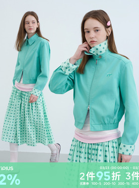 riverstone plus 多巴胺色系翻领波点夹克女时尚感拉链刺绣外套