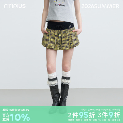 riverstone plus 翅膀印花少女运动抽绳裤裙女复古格纹花苞半身裙