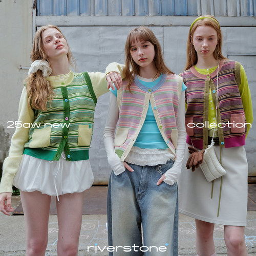 riverstone plus 彩色条纹小清新针织毛线马甲秋季开衫无袖上衣