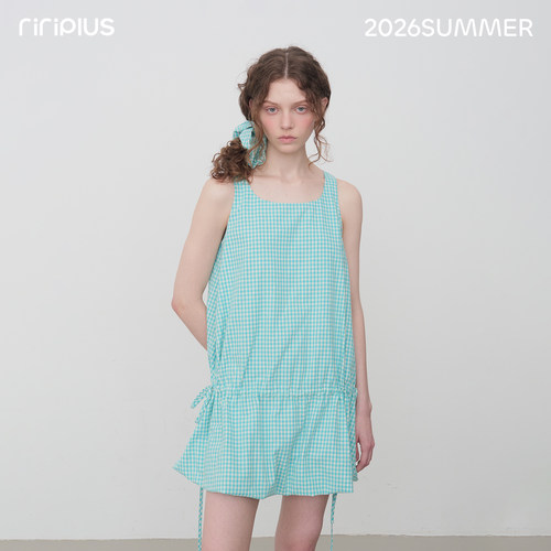 riverstone plus 薄荷蓝无袖连衣裙女2026夏季新款抽绳格纹蓬蓬裙