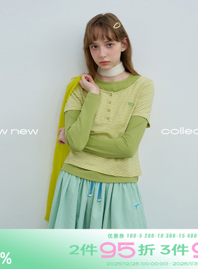 riverstone plus 条纹假两件拼接长袖T恤女秋季亨利领修身打底衫