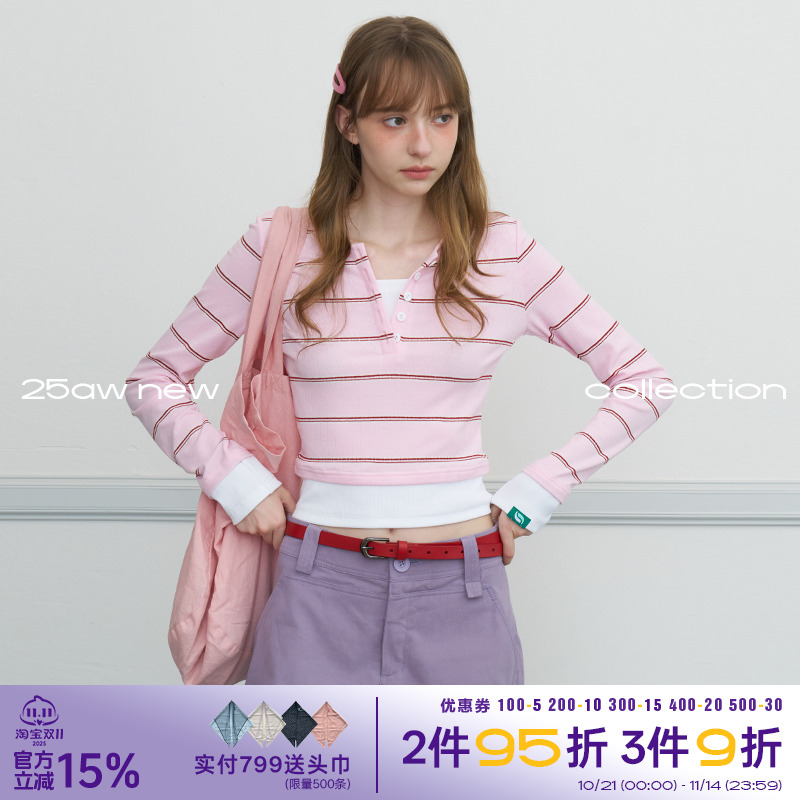 假两件条纹长袖修身正肩T恤女