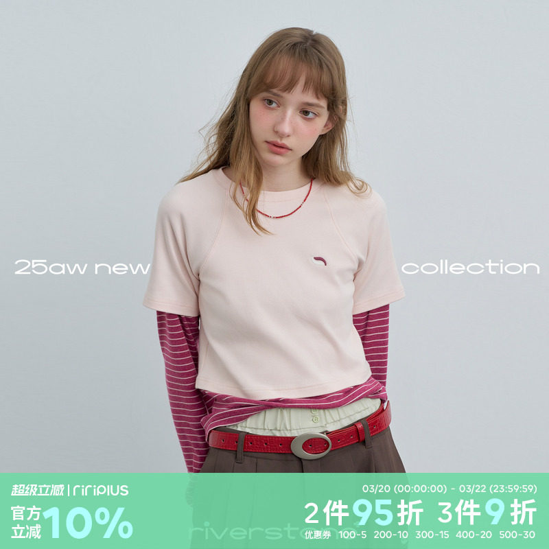 riverstone plus 假两件条纹拼接撞色长袖T恤女春季修身显瘦上衣