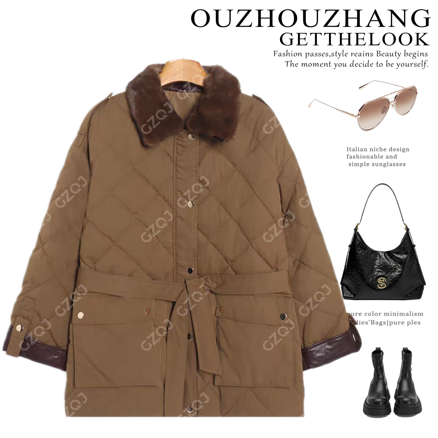 复古收腰菱格翻领羽绒服外套