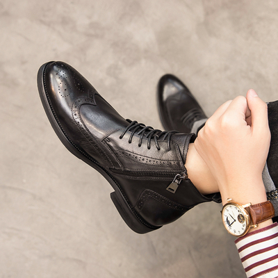 帕达索马丁靴男士高帮皮靴短靴英伦风布洛克加绒男鞋GBJ-211041-1