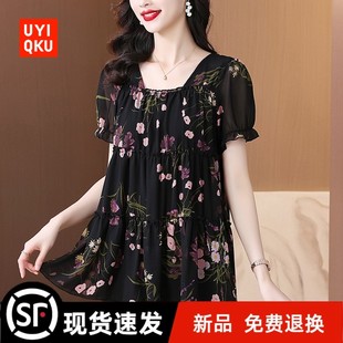 女夏中长款 新款 雪纺衫 大码 宽松胖nn遮肚显瘦妈妈网纱 方领泡泡短袖