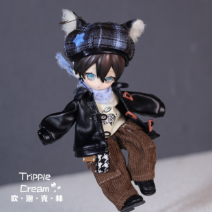 吹泡克林豹走斑点12分8分玩偶BJD娃衣雪豹格纹贝雷帽皮夹工装 套装