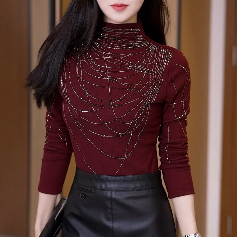 秋冬新款烫钻长袖T恤女百搭高档半高领打底衫女内搭洋气修身上衣