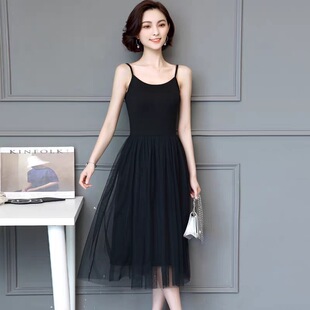 吊带连衣裙女夏季 内搭网纱裙子高级感吊带外穿黑色显瘦打底裙 新款