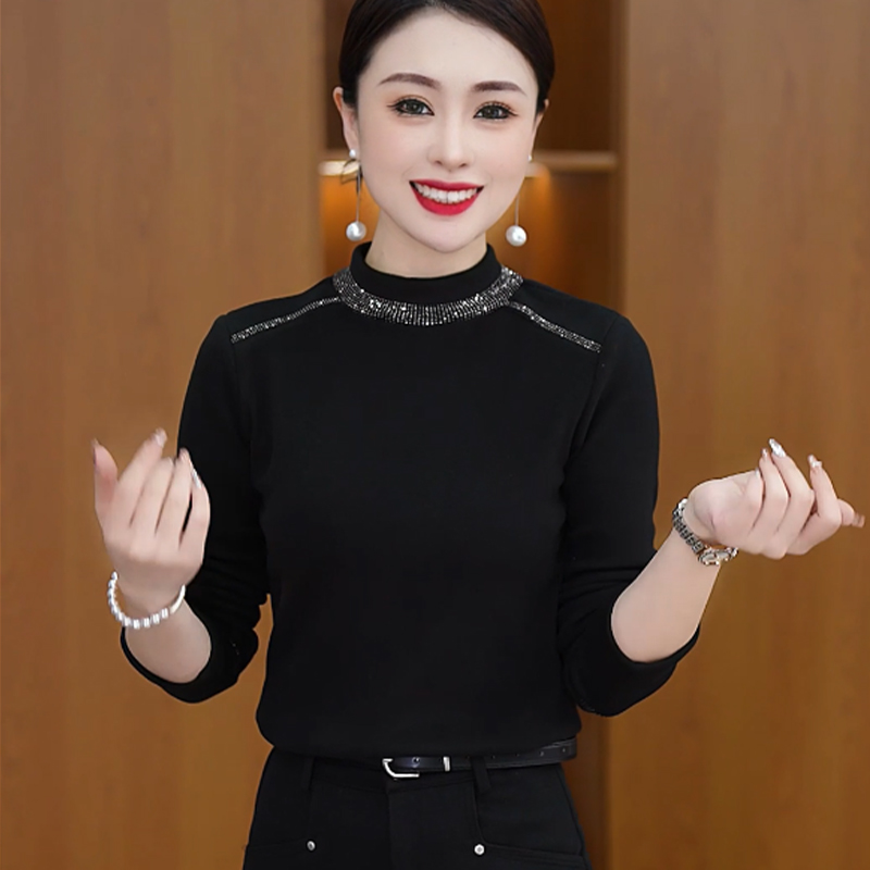 秋冬新款德绒半高领烫钻弹力百搭打底衫黑色显瘦叠穿上衣保暖内搭