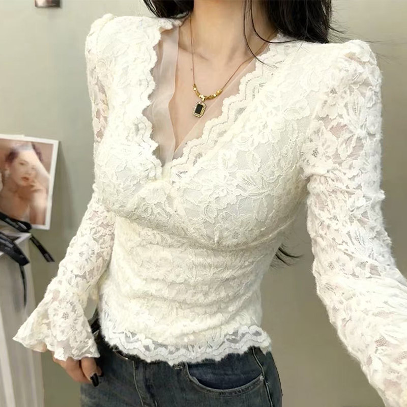 性感v领打底衫女内搭高级感蕾丝加绒内搭2025年秋冬新款气质上衣