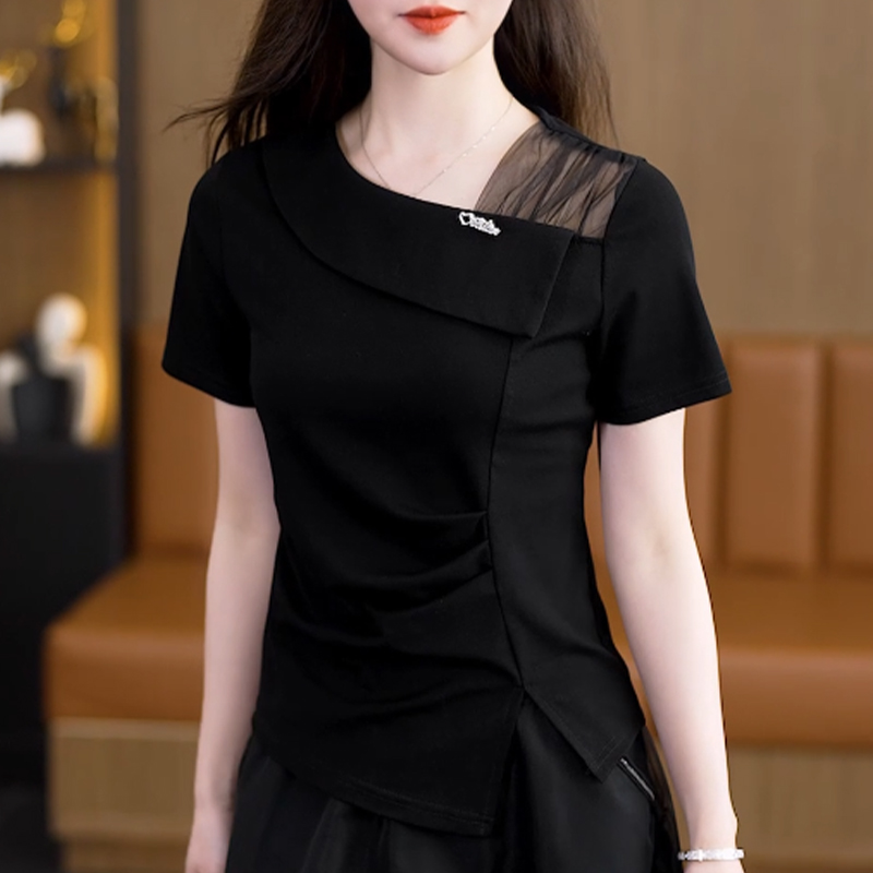 洋气正肩开叉短袖T恤女2025夏新款时尚韩版时尚百搭遮肉显瘦上衣