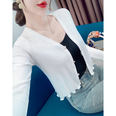 白色冰丝针织开衫女薄款外套夏季配吊带裙外搭木耳边洋气防晒罩衫