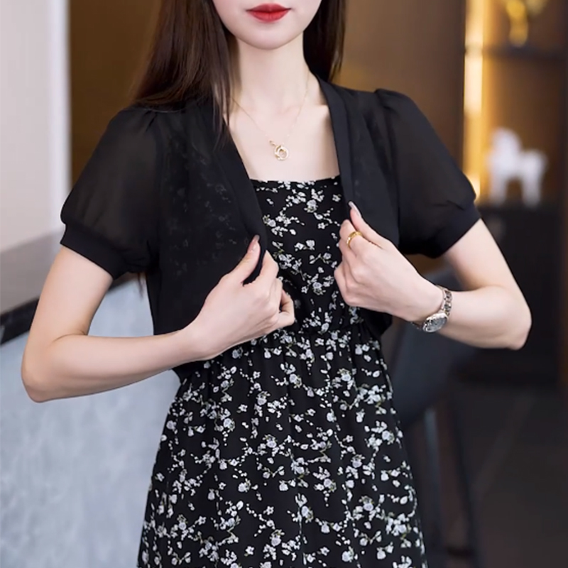 网纱防晒开衫黑色短袖女披肩夏季配裙子小坎肩短款罩衫吊带裙外搭