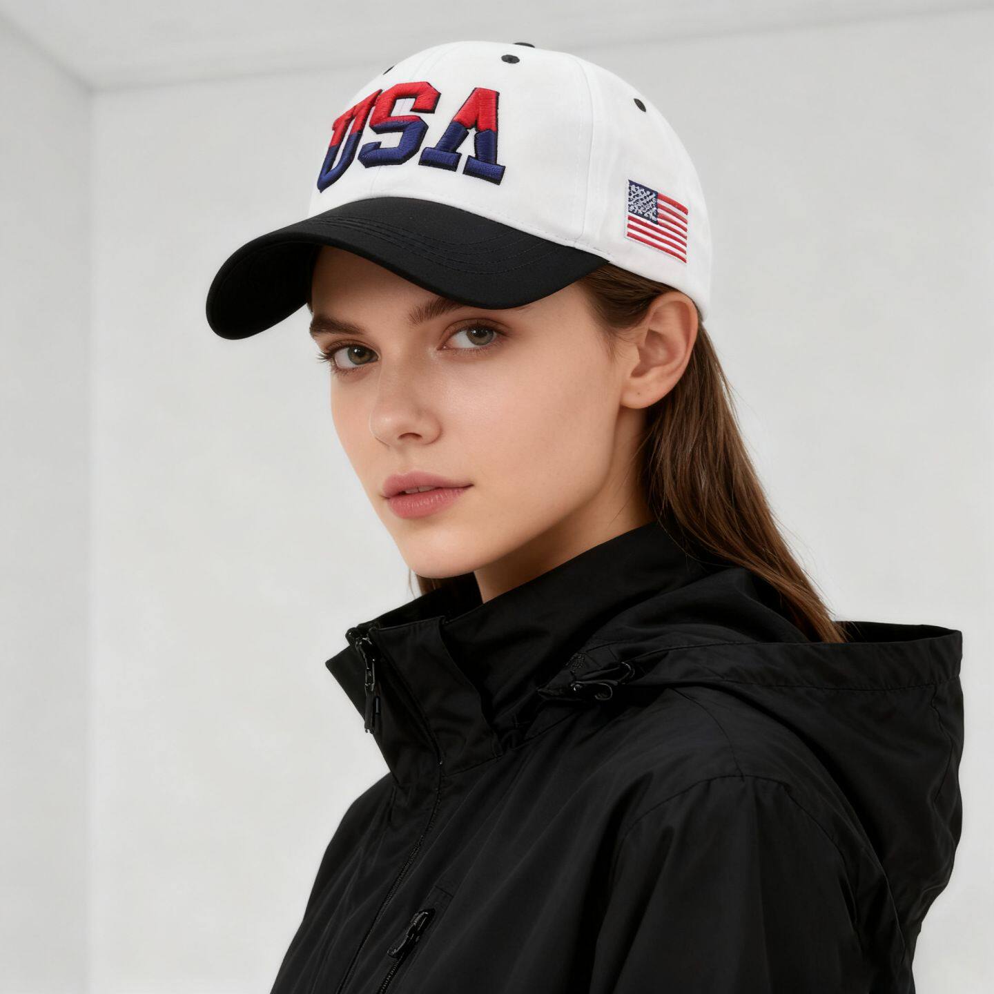 USA字母刺绣棒球帽女美国国旗弯檐鸭舌帽男卡车司机帽亚马逊帽子~