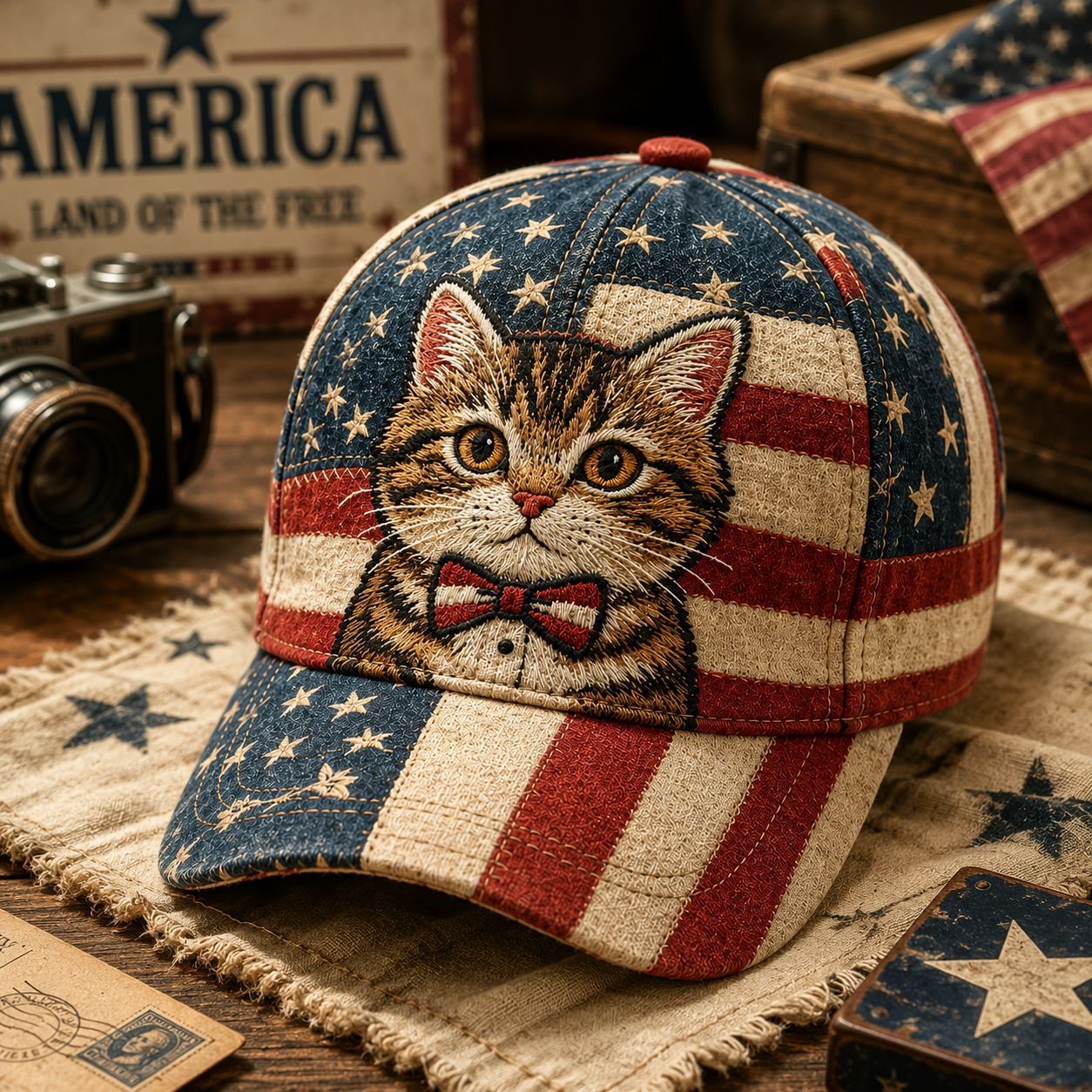 独立站新款可爱猫咪印花棒球帽250周年美国独立日鸭舌帽男女帽子