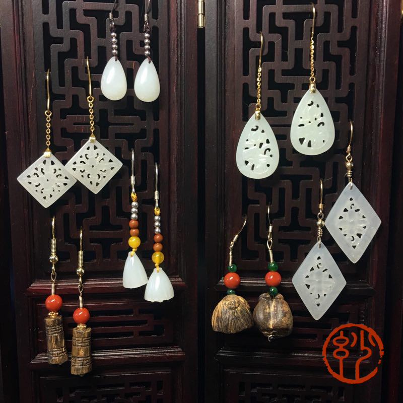 Chinese style Poetry Jiangnan series Super Nephrite  White jade Carved Earrings Earringsin the Jewelry/Diamond/Jade/Gold , Other natural jade , Earring  category - from Buy2taobao.com to provide professional Taobao agent buy service
