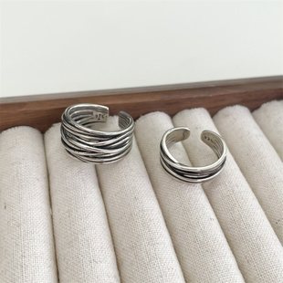 925银戒指个性复古多线圈手饰交叉缠绕戒指女ins冷淡风多层食指戒