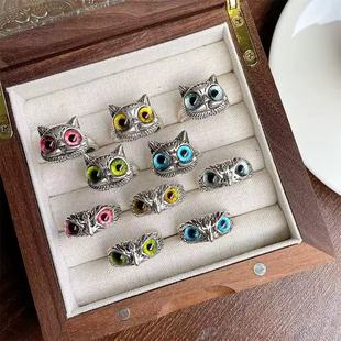 复古泰银夸张猫头鹰戒指男小众暗黑饰品925纯银戒指女不掉色