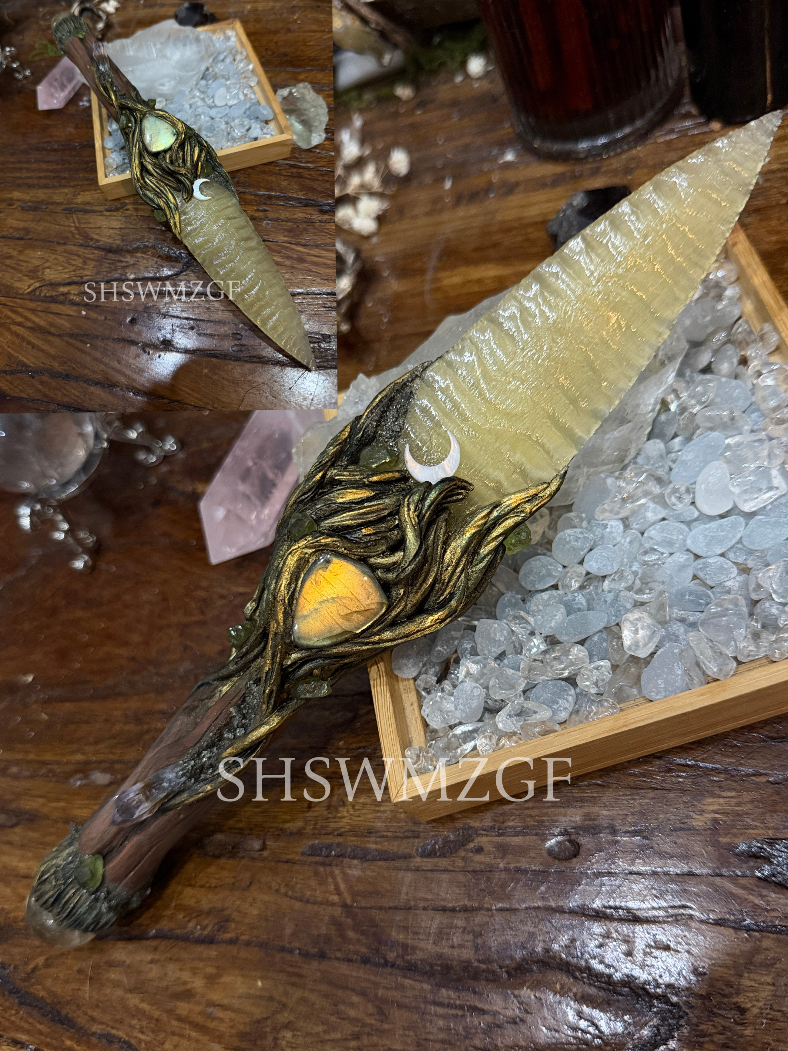 现货巫刃猫眼石石器&ldquo;月光守护&rdquo;女巫器具木质手柄一物一件手作