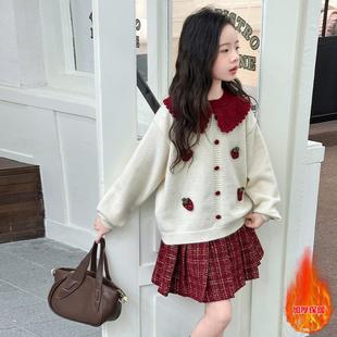 2025新款秋冬女童针织套装翻领毛衣时尚短裙小清新圣诞毛衣新年服