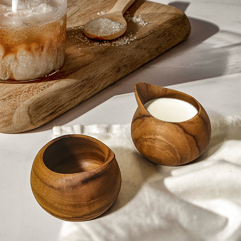 柚木复古迷你小奶盅实木尖嘴浓缩咖啡器具30ml奶缸木质酱汁蜂蜜杯