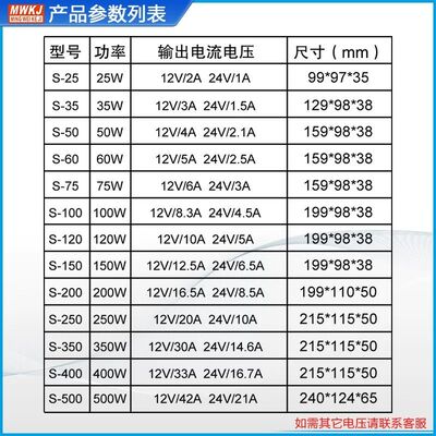 明伟直流开关电源S-350/250/200/100/50/400WAC220转DC电源24V12V