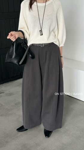 GN026801秋季新款女老钱风高质感休闲高腰显瘦阔腿气球弯刀裤子