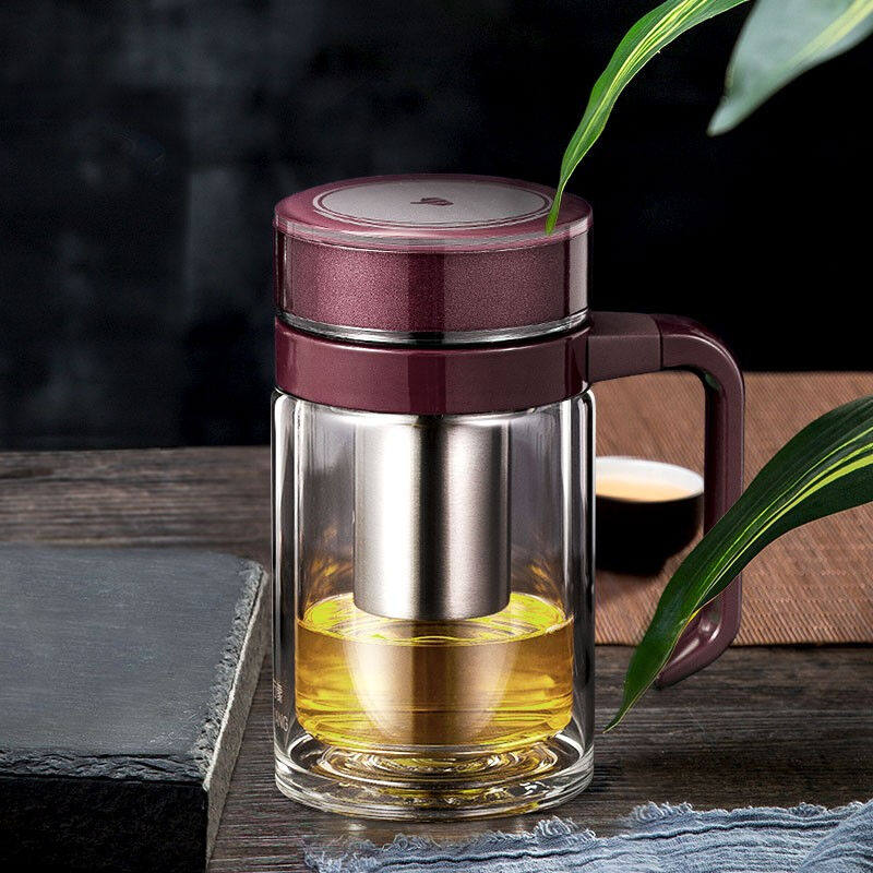 万象玻璃杯商务办公手柄泡茶杯子双层过滤网带把手水杯礼盒装男女