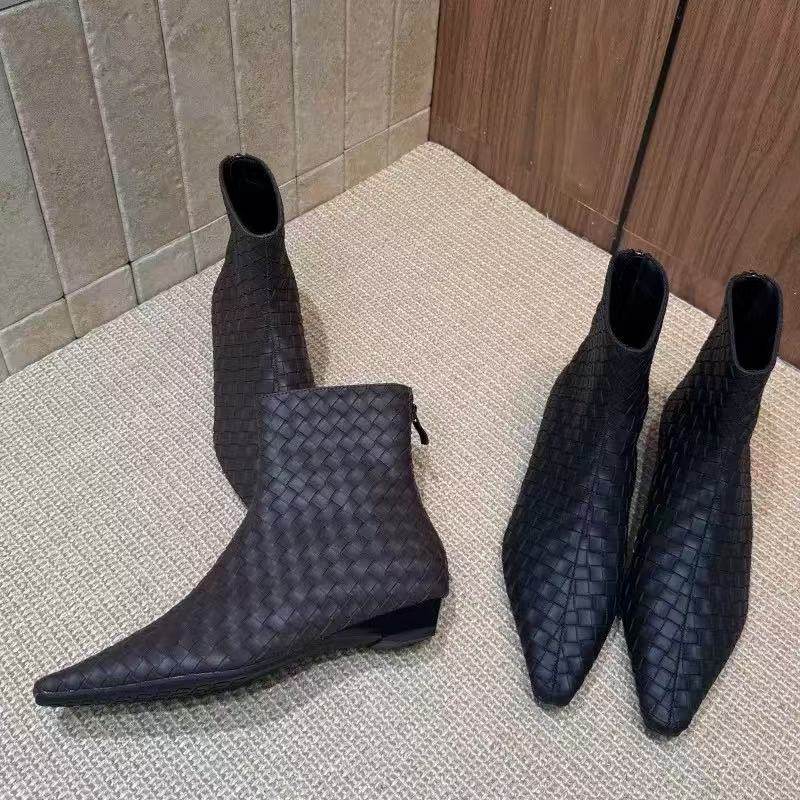 尖头短靴女2025年秋冬新款靴子短筒靴小众瘦瘦女靴低跟编织时装靴,女鞋,时装靴,淘宝优惠券,粉丝福利购,淘宝优惠卷