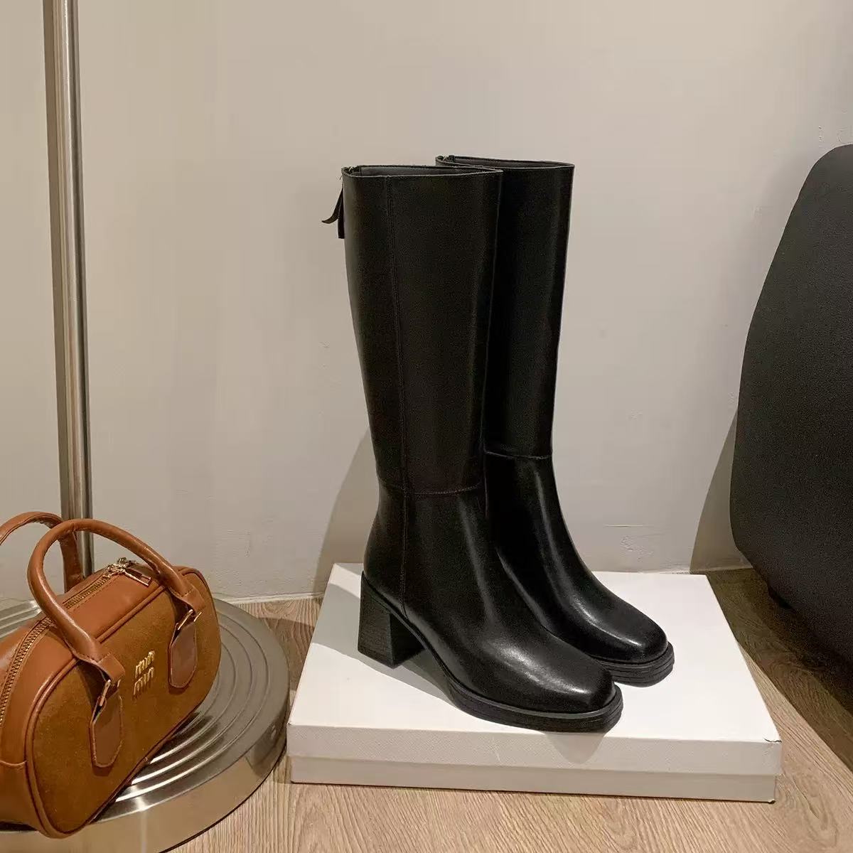 2025新款舒适长筒靴女秋冬新款时尚百搭潮真皮厚底辣妹骑士靴高靴