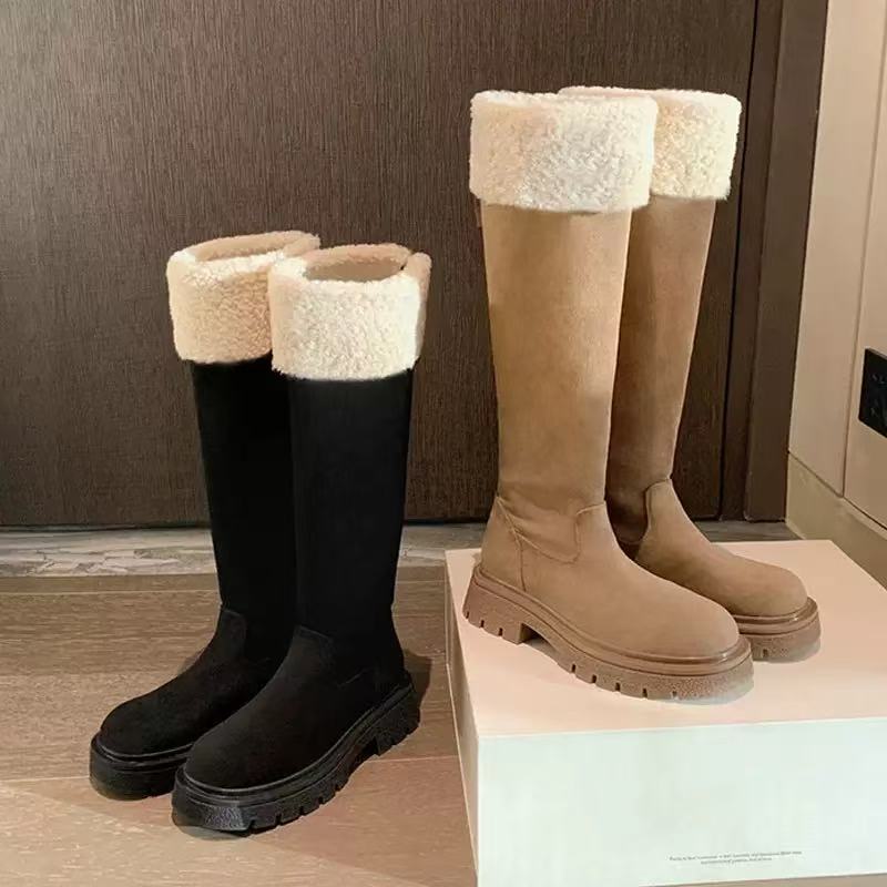 2025新款秋冬增高6cm保暖翻毛毛加绒长筒粗跟绒面骑士靴女雪地靴