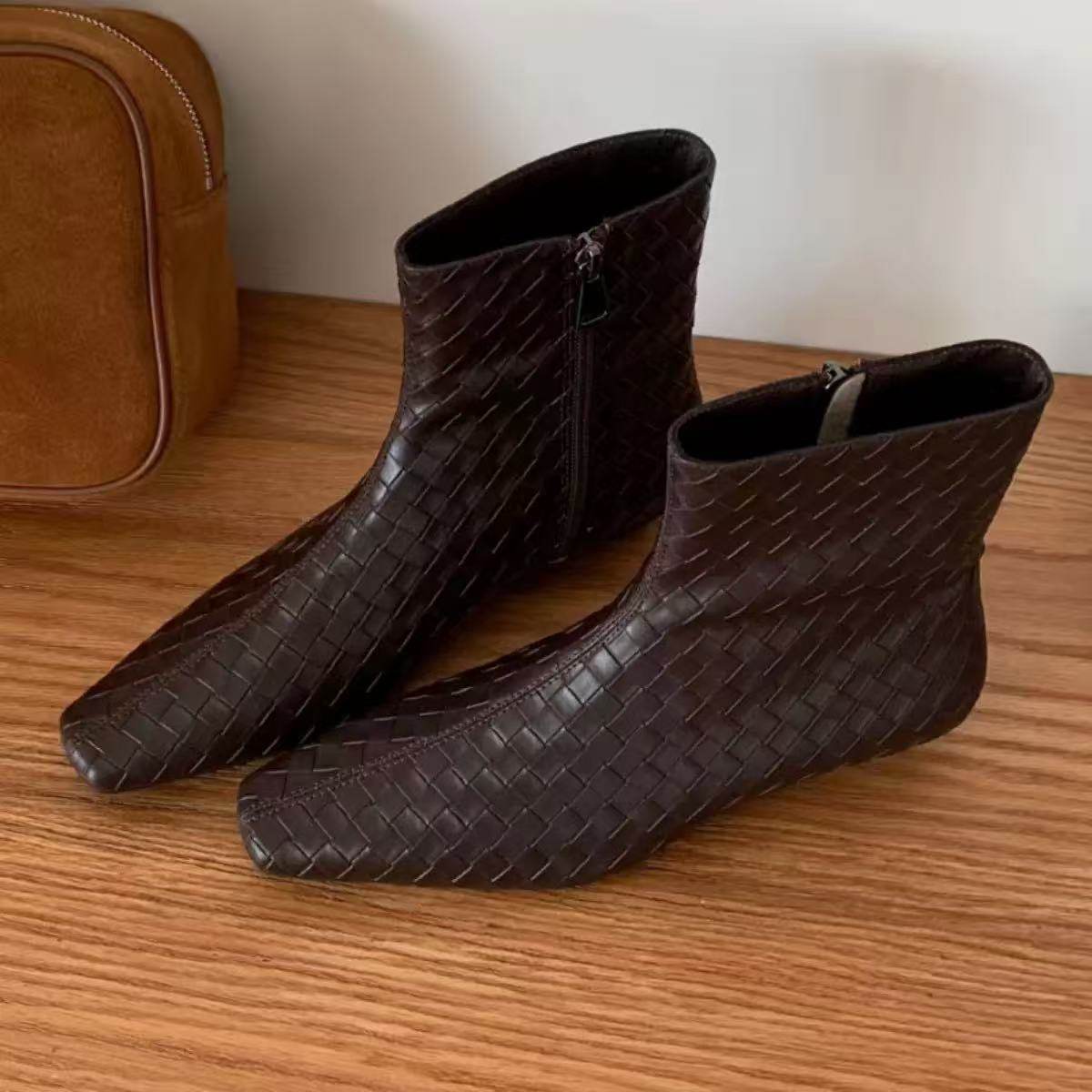 2025年秋冬季新款韩版方头编织宽松套筒坡跟短靴女低跟鞋时装靴,女鞋,时装靴,淘宝优惠券,粉丝福利购,淘宝优惠卷