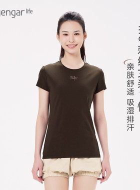 艾扬格Life 刺绣女装T恤短袖 烫钻修身柔软舒适上衣精梳棉瑜伽服