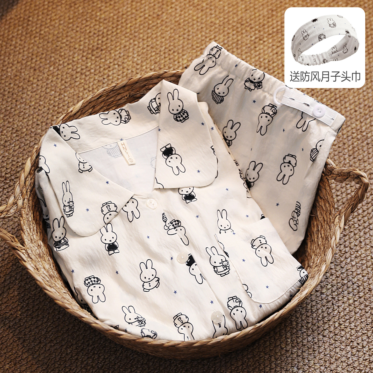小兔子带头巾棉纱月子服春夏季薄款产后纯棉哺乳孕妇产妇喂奶睡衣