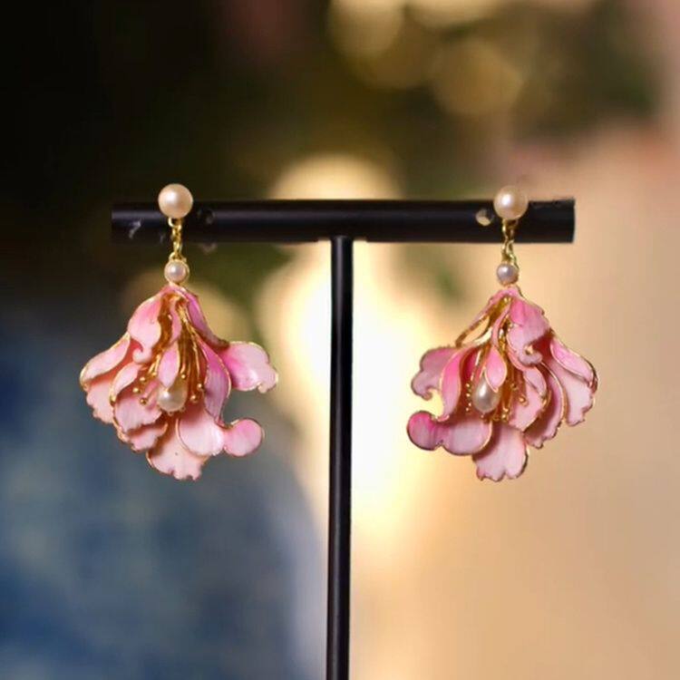 鎏金花丝仿点翠粉玉兰花开耳环纯手工非遗工作室打造中式珠宝首饰