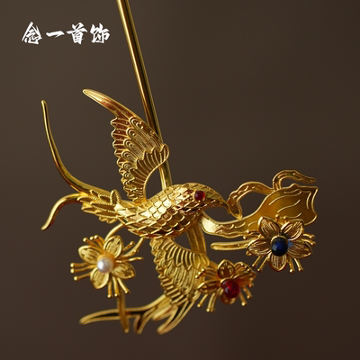 纯铜镀金花丝镶嵌银镀金燕鸽发簪
