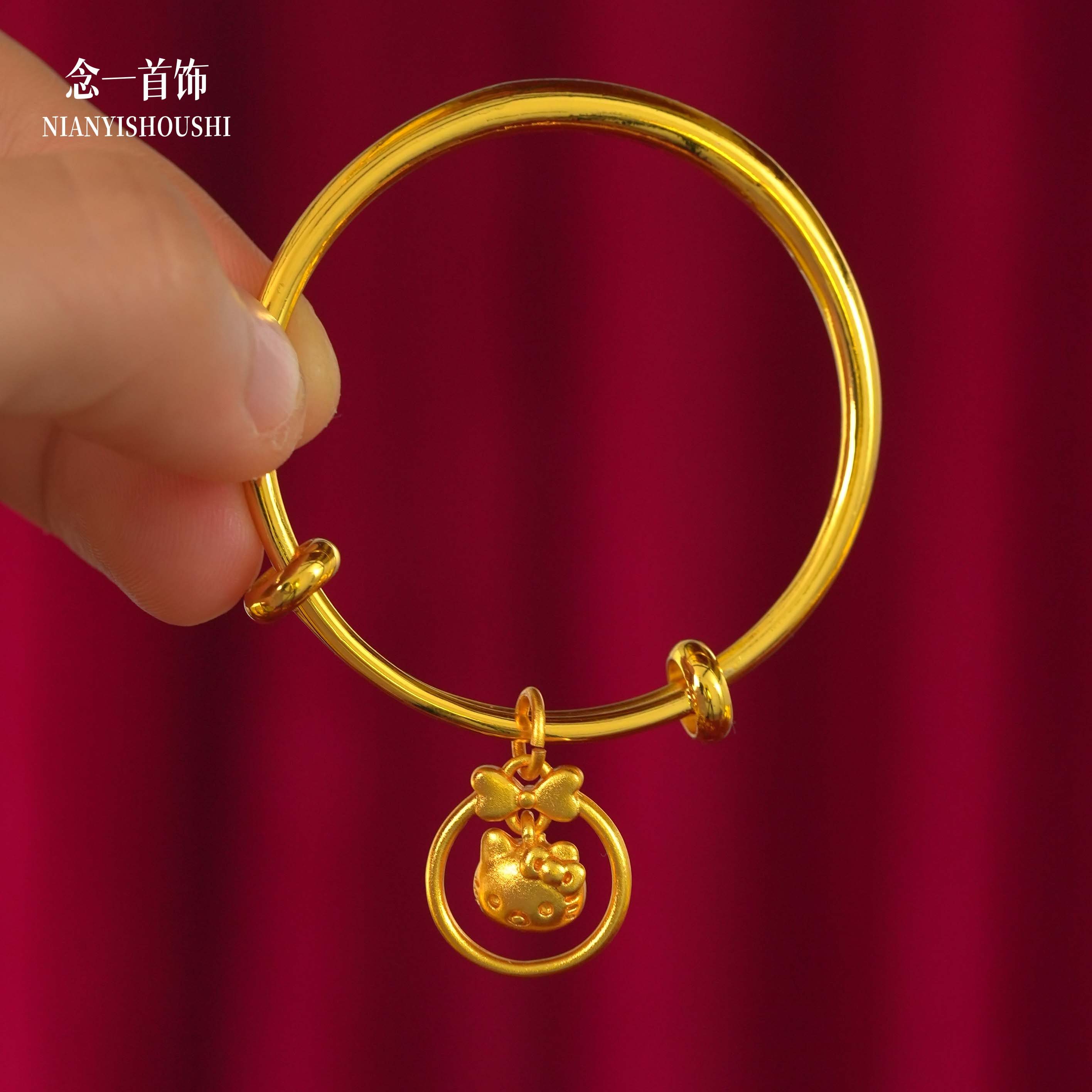 铜镀金宝宝镯周岁礼满月推拉手镯0~3岁婴儿可爱素圈hello kitty款