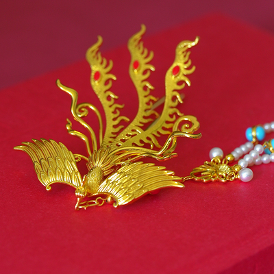 铜镀金步摇发簪金钗步摇凤钗颤簪金发簪金发簪古风头饰凤凰尾钗