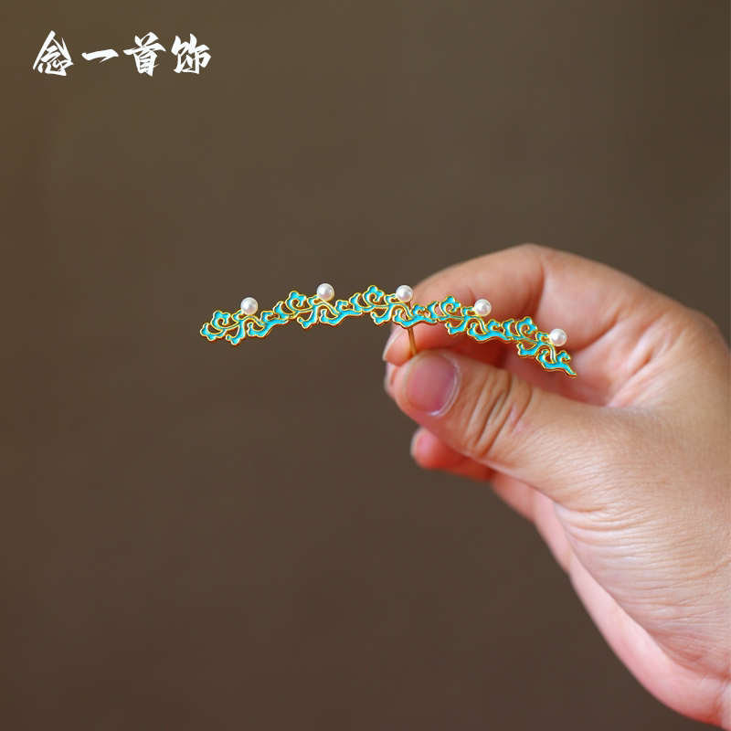 镀金嵌珍珠海浪纹花钿小金簪子金色发簪发钗汉服配饰仿点翠烧蓝