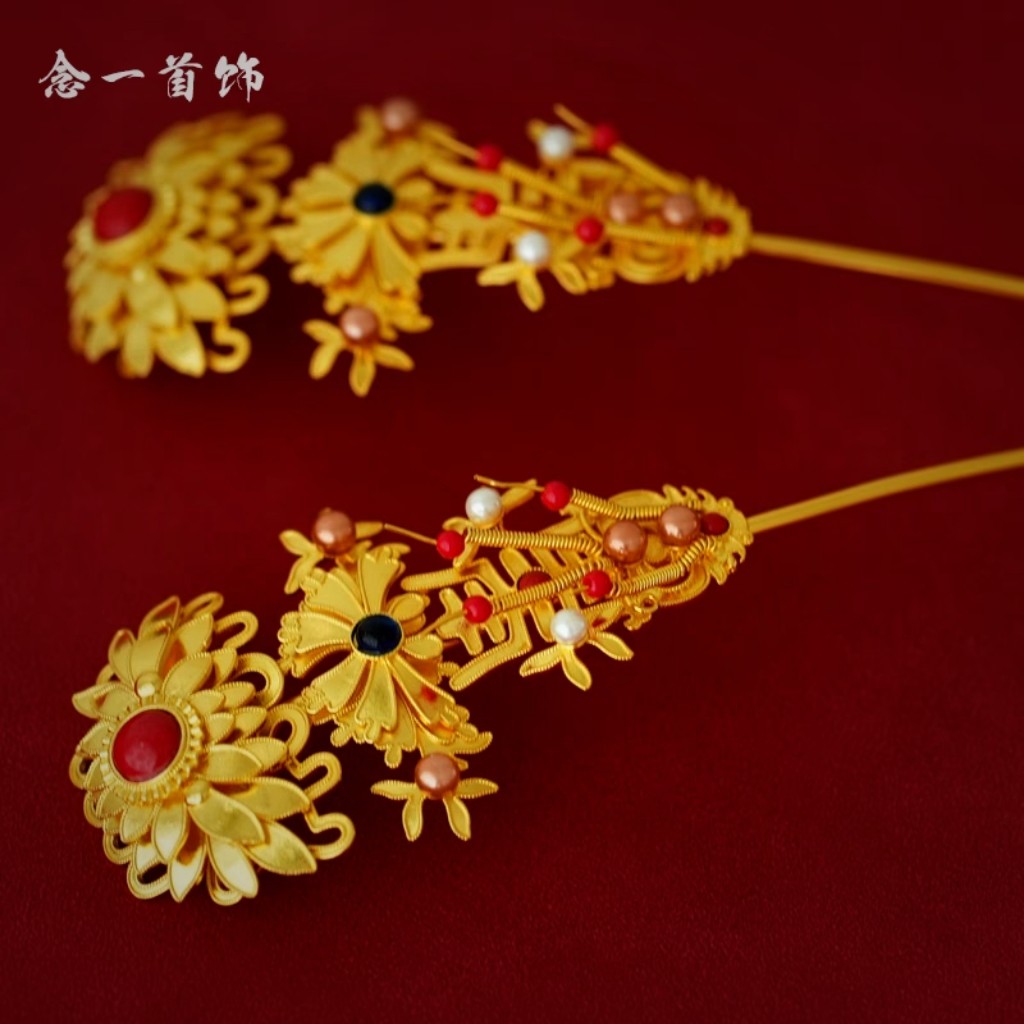 镀金压鬓簪子发簪复古宫廷风发簪花丝镶宝莲花纹明制多宝簪狄髻