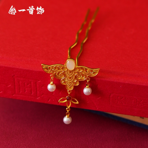钗錾刻云肩发簪金色发簪唐代古风汉服头饰花钿小发簪唐风抹额金簪