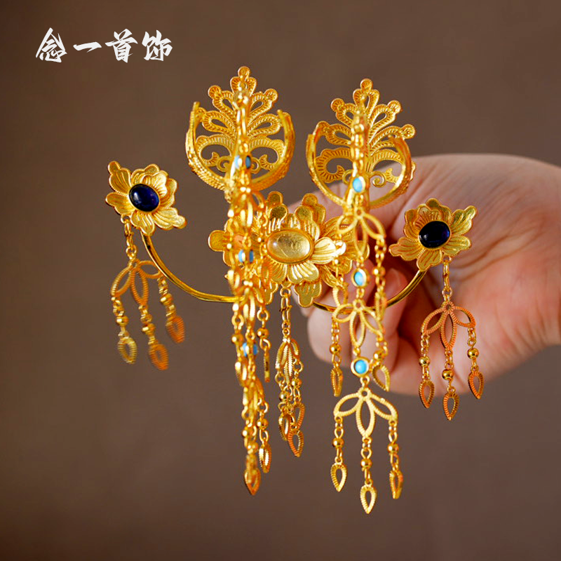 镀真金发冠仿唐簪花仕女图流苏发簪凤凰发钗唐代汉服发饰金色发簪