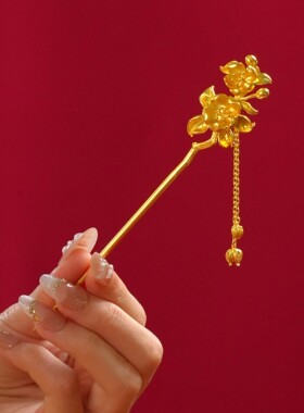 铜镀金国风桃花发簪复古发钗流苏步摇发饰新中式古装扮高级