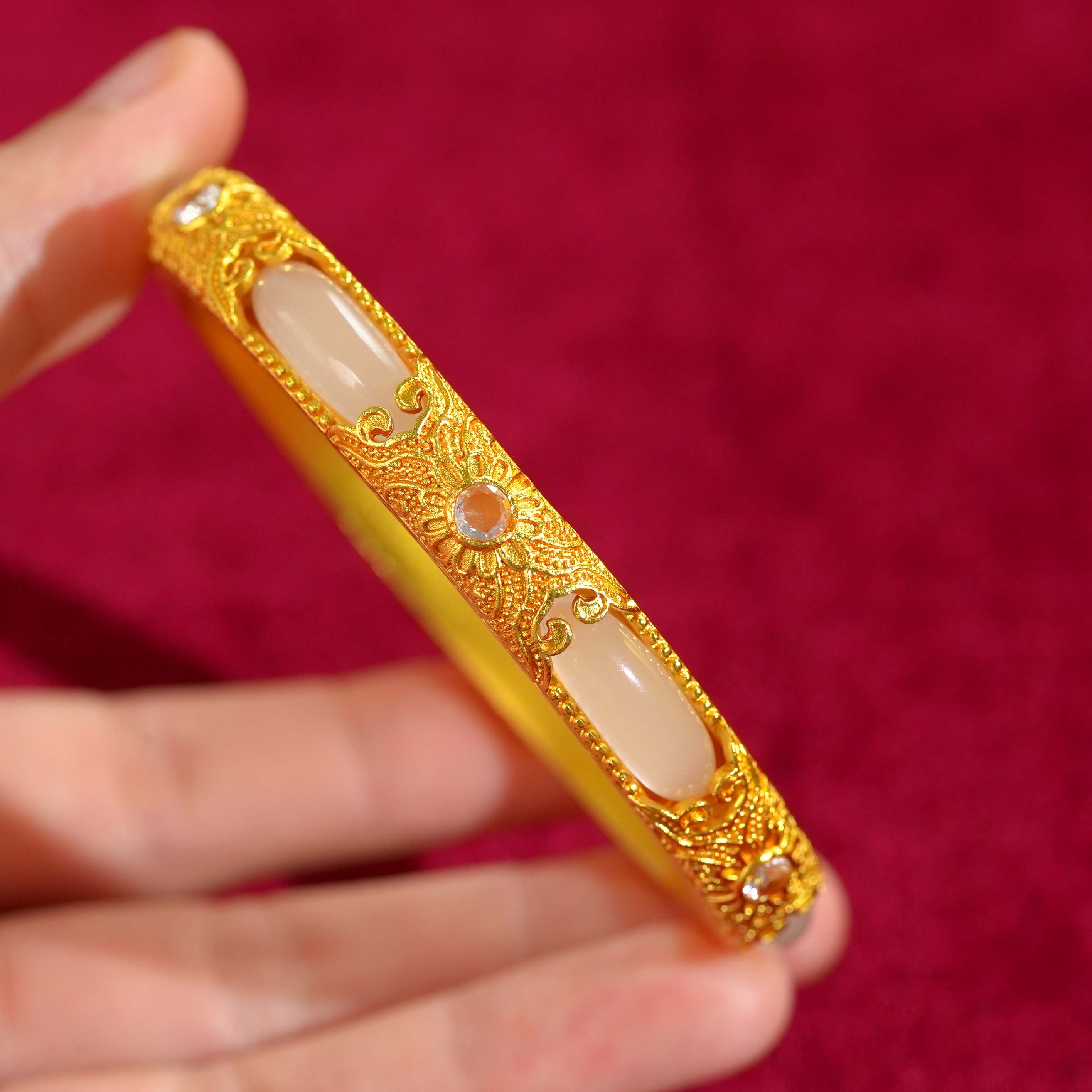 新中式黄金色錾刻金玉良缘花丝手镯女簪刻宫廷风镶嵌和田玉镯子