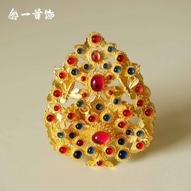 镀金古风头饰发冠花丝镶嵌汉服花丝嵌宝金簪顶簪明制狄髻水滴挑心