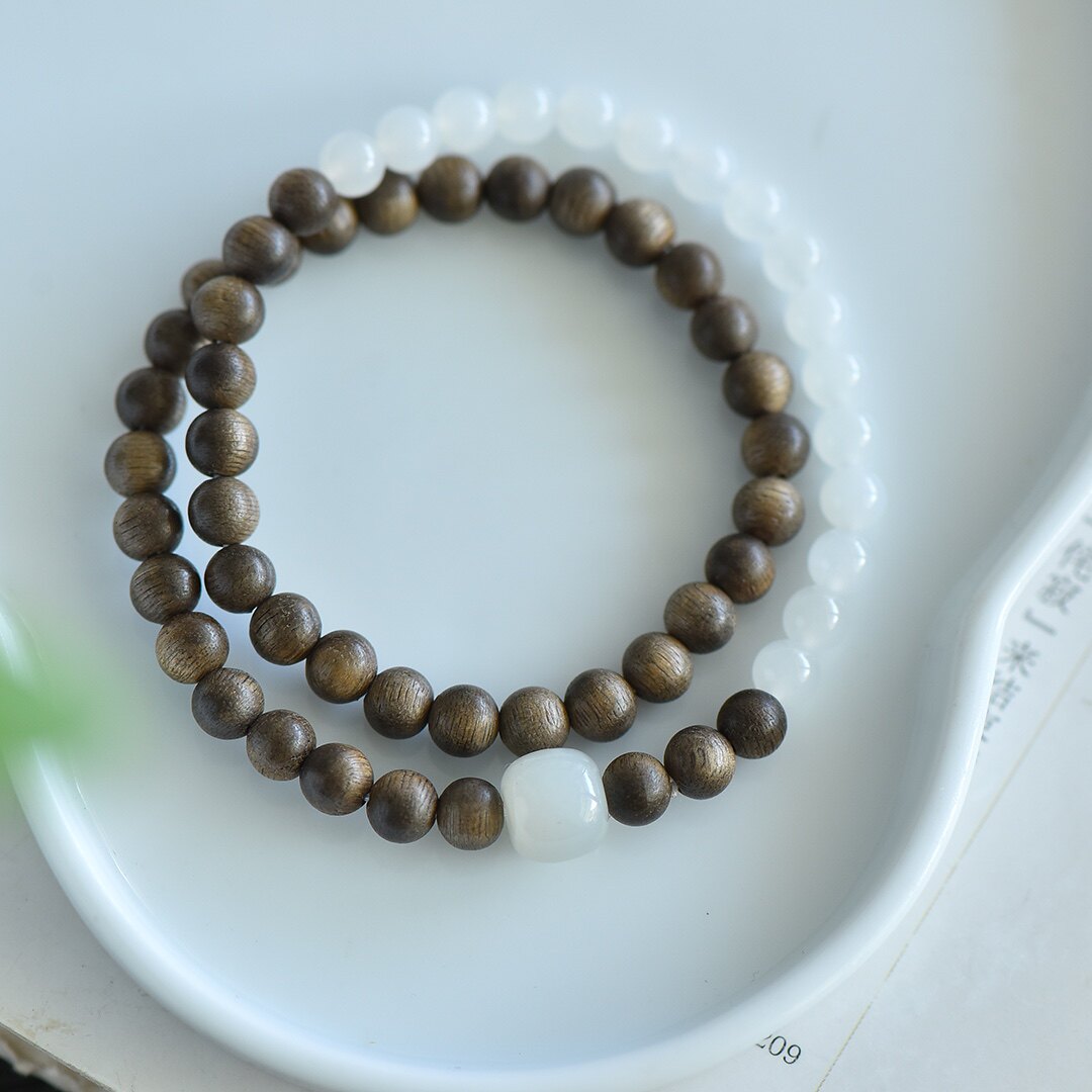天然和田玉6mm白玉文莱沉香檀木手链女款玉石手串手饰玉坠挂件