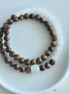 天然和田玉6mm白玉文莱沉香檀木手链女款玉石手串手饰玉坠挂件