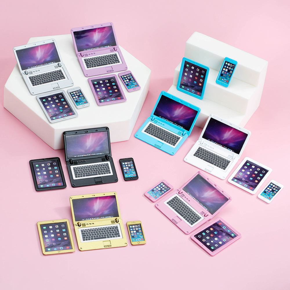 儿童娃屋迷你手机平板笔记本电脑3件套玩具微缩合金饰品配件套装
